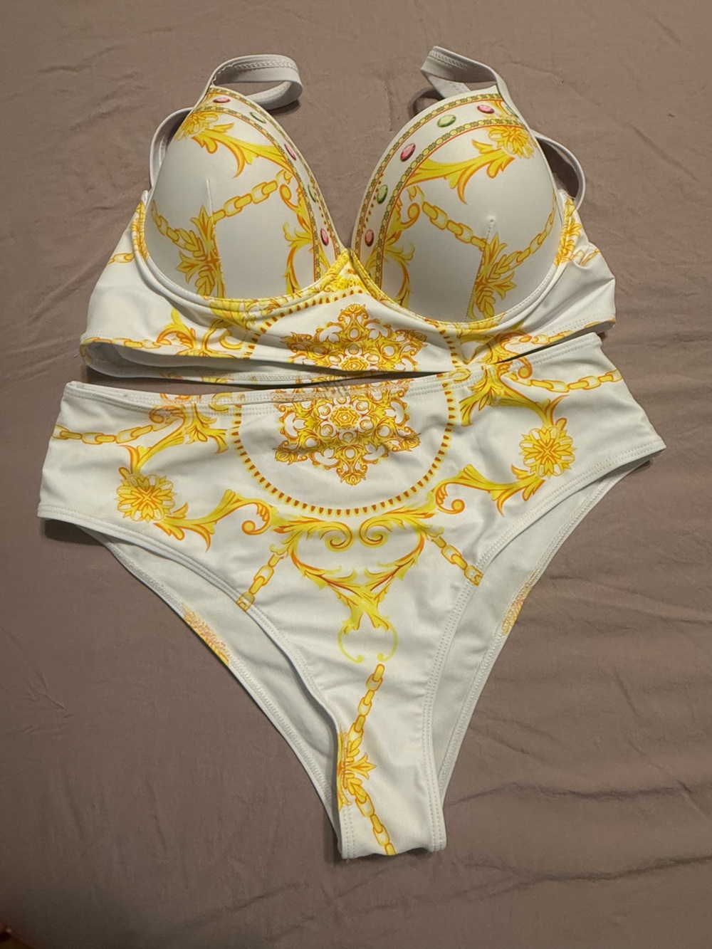 White and Yellow Baroque Print Bikini Set